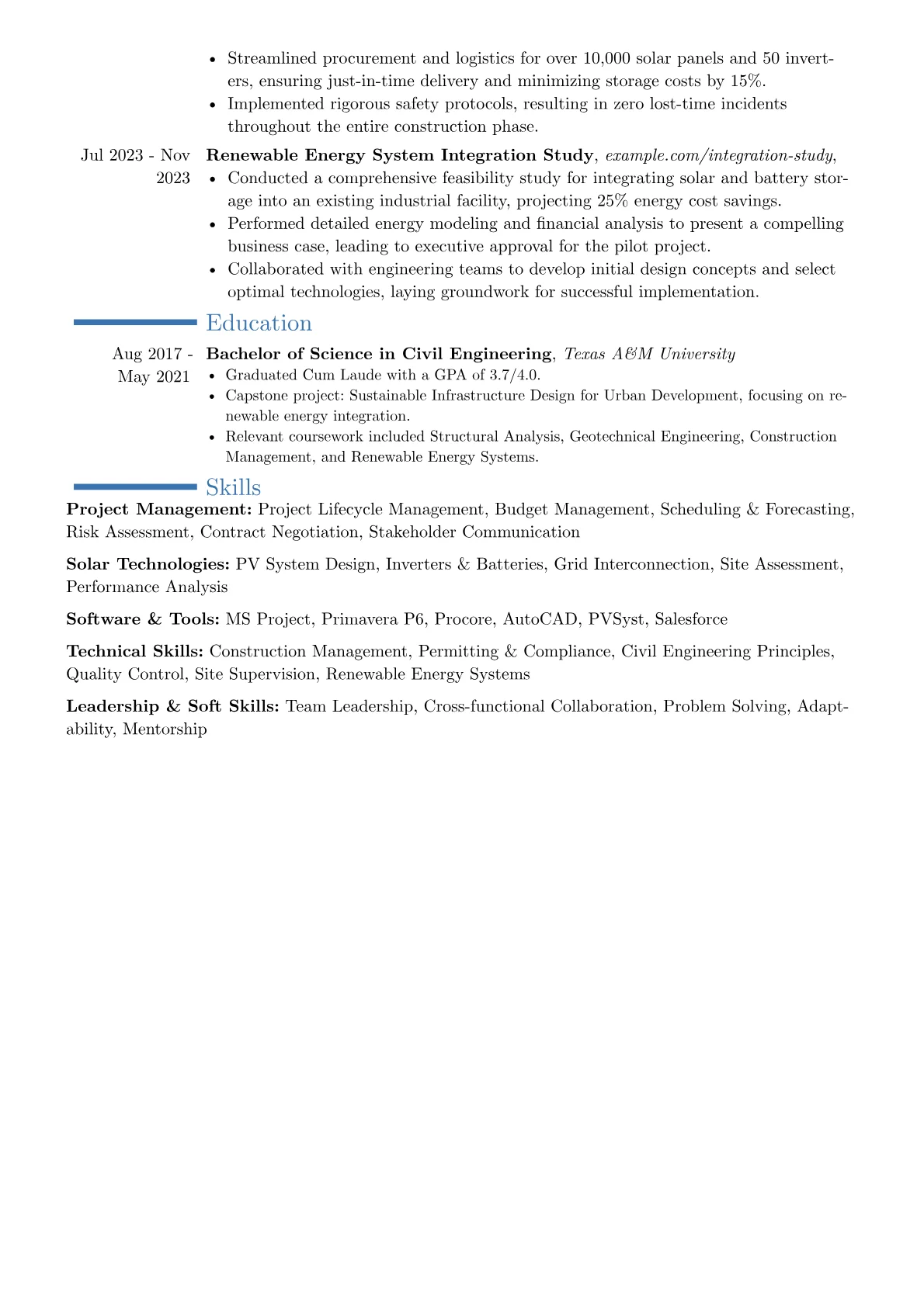 Solar Project Manager resume example, Career changer, page 2