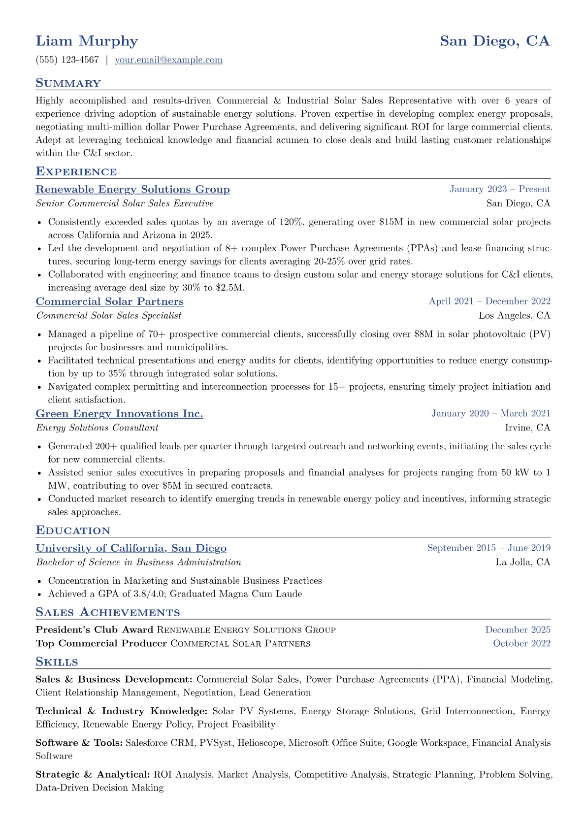 Solar Sales Representative resume example, Commercial & Industrial, page 1
