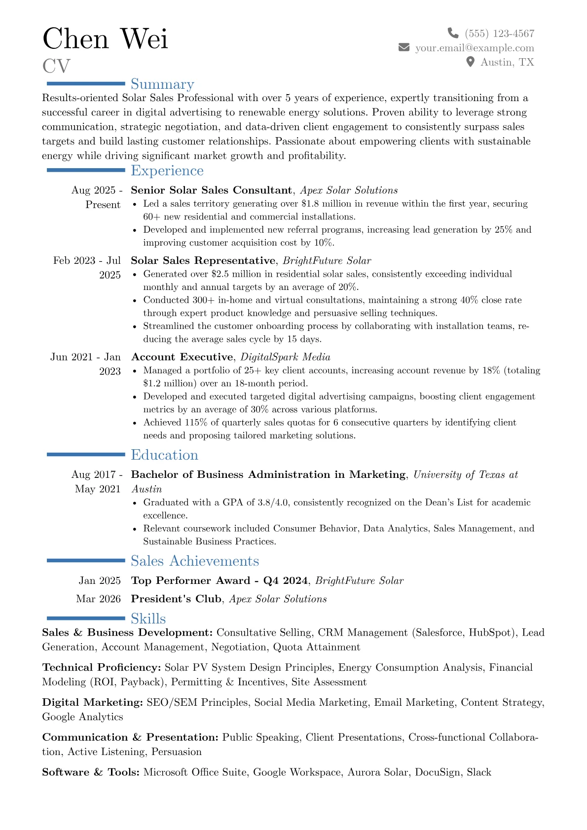 Solar Sales Representative resume example, Career changer, page 1