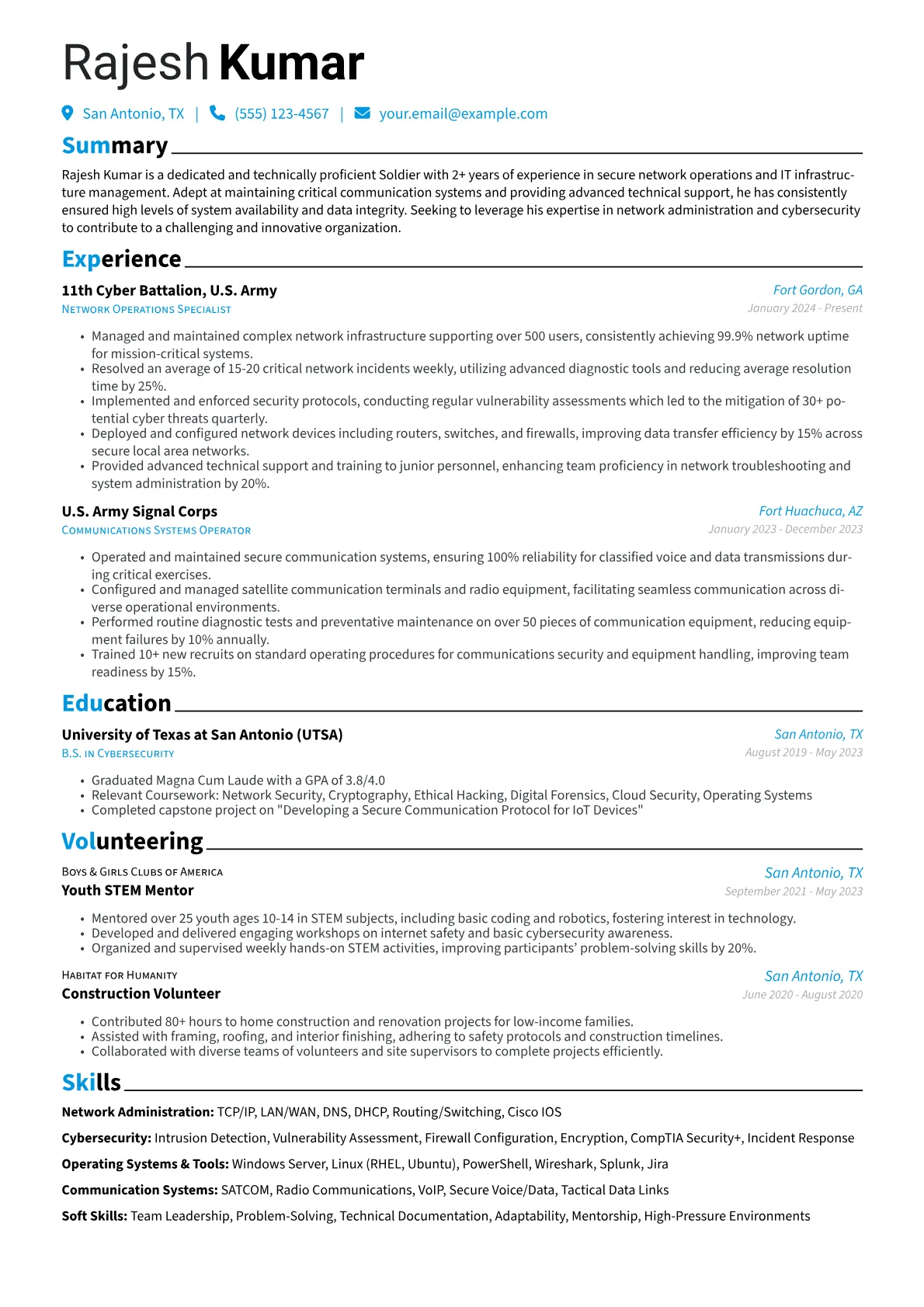Soldier resume example, Communications & Cyber, page 1