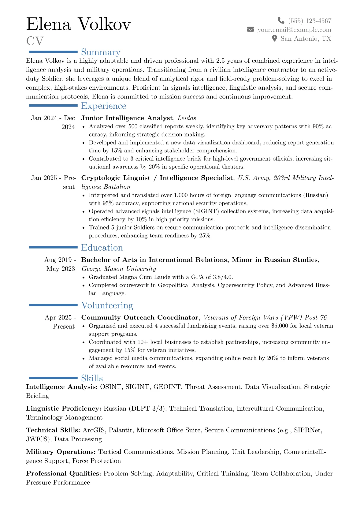 Soldier resume example, Career changer, page 1