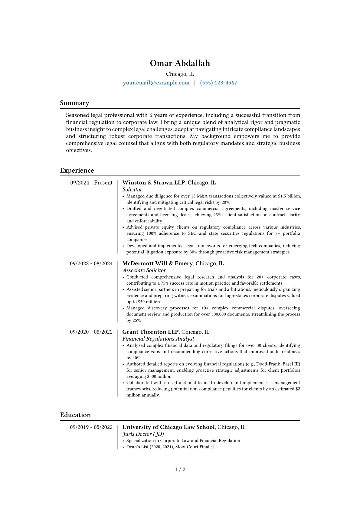 Solicitor resume example, Career changer, page 1