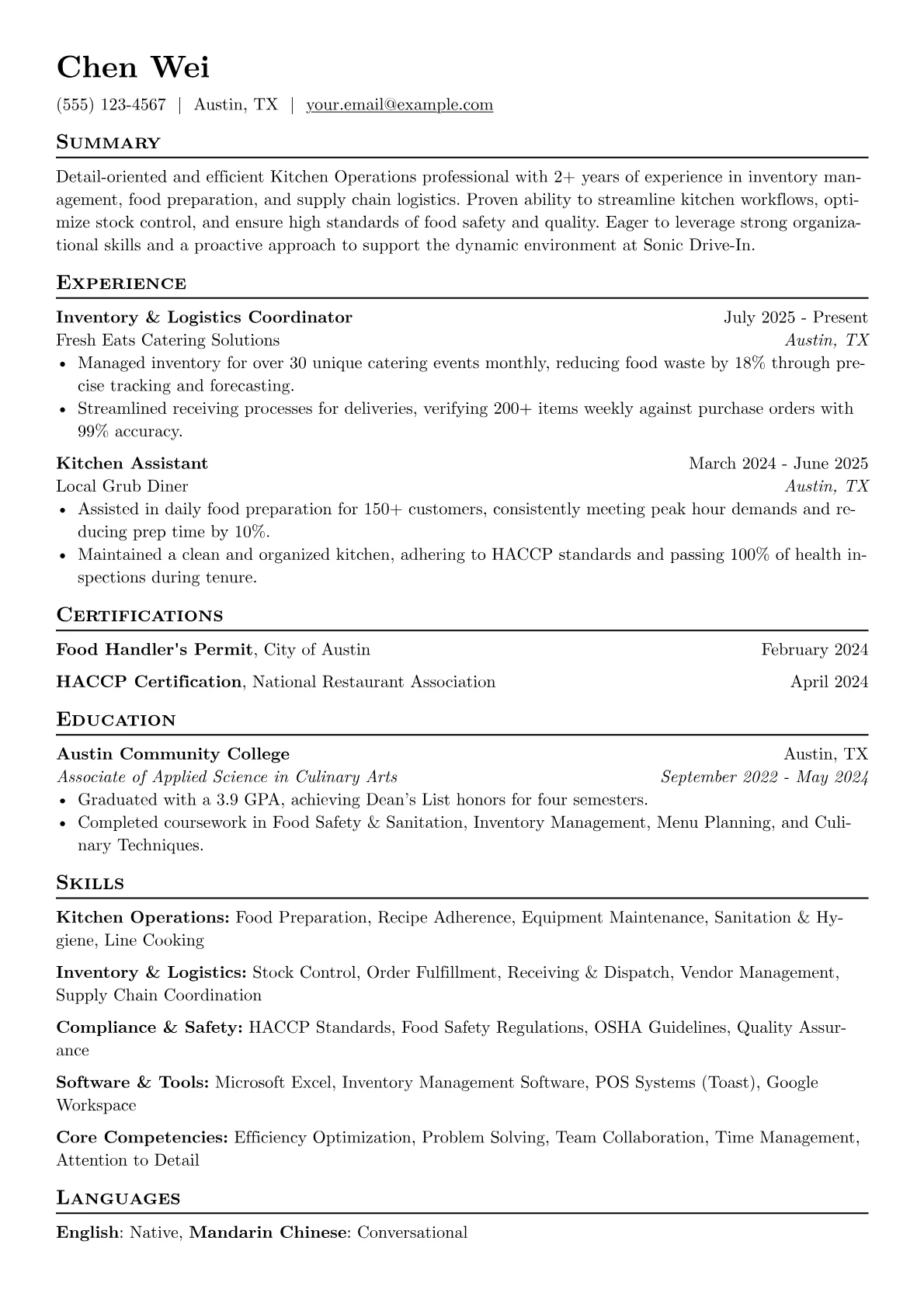 Sonic Drive-In resume example, Kitchen Operations, page 1