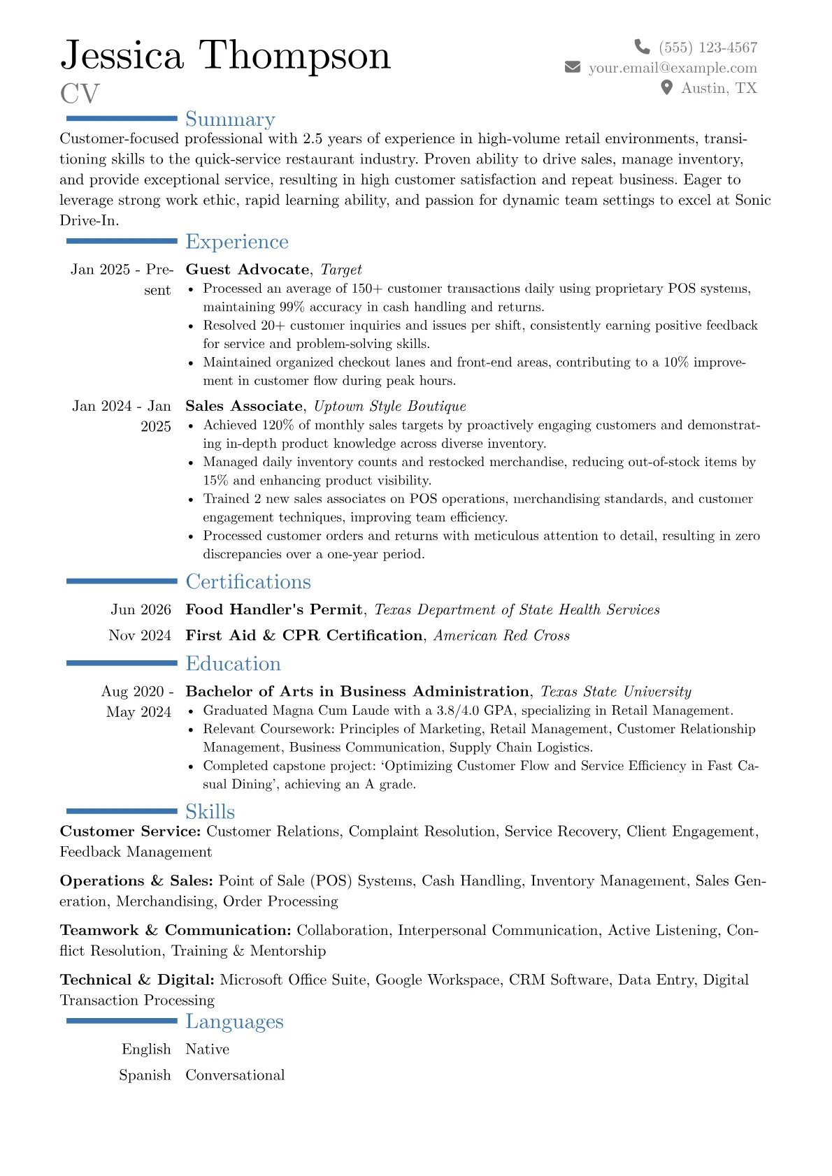 Sonic Drive-In resume example, Career changer, page 1