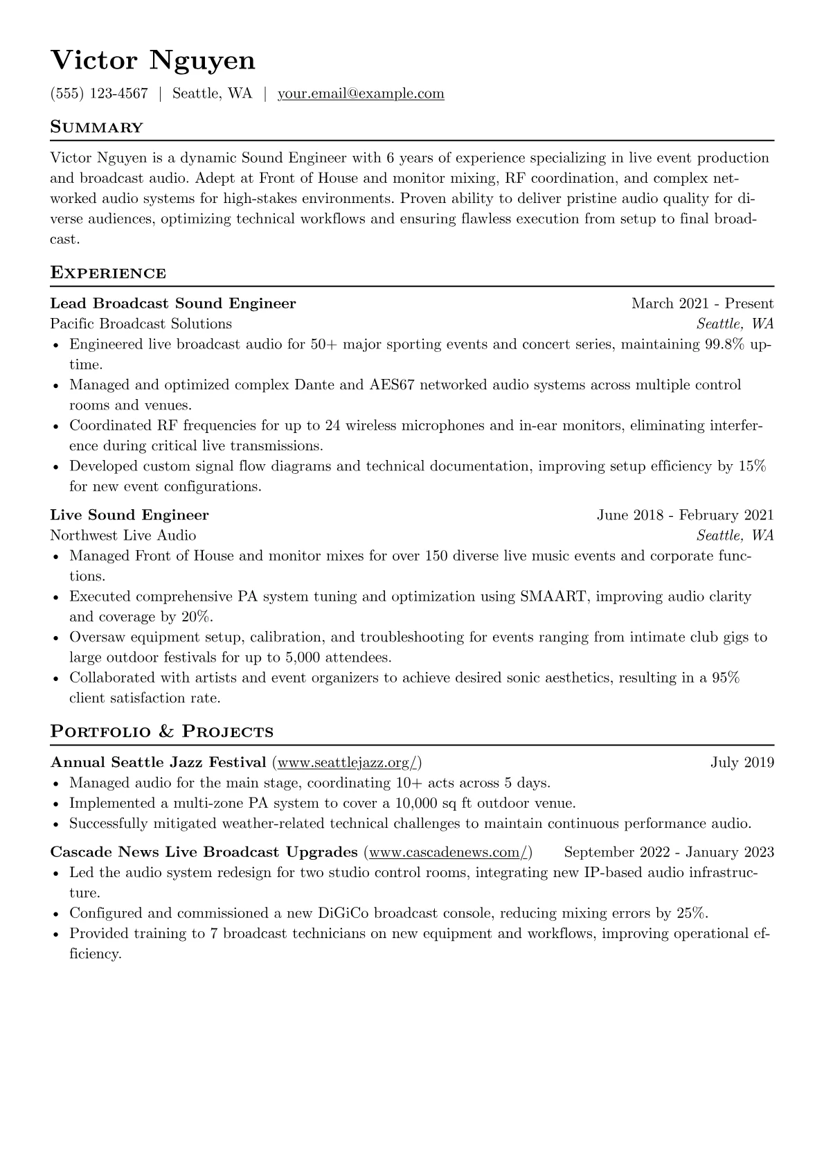 Sound Engineer resume example, Live/Broadcast Audio, page 1