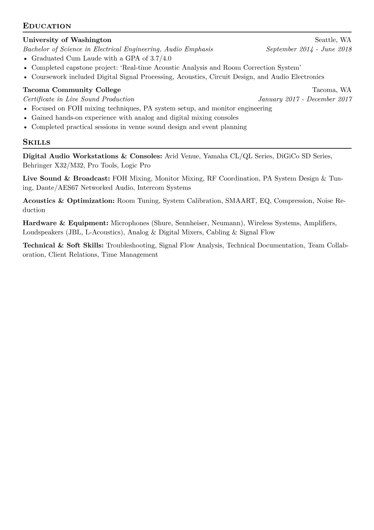 Sound Engineer resume example, Live/Broadcast Audio, page 2