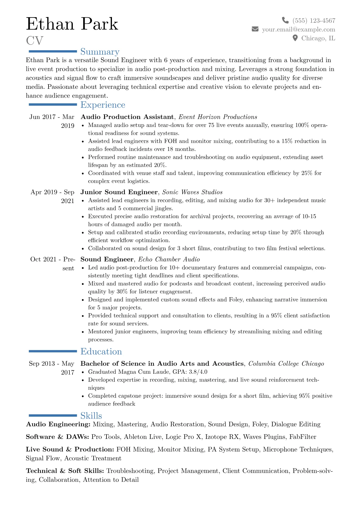 Sound Engineer resume example, Career changer, page 1
