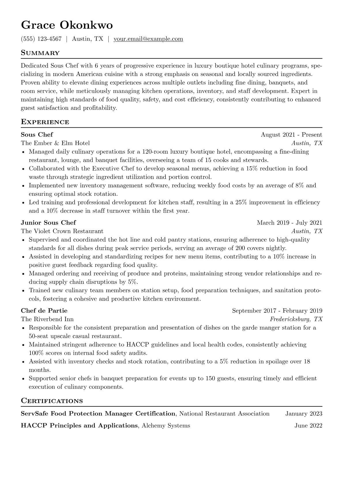 Sous Chef resume example, Culinary Expertise, page 1