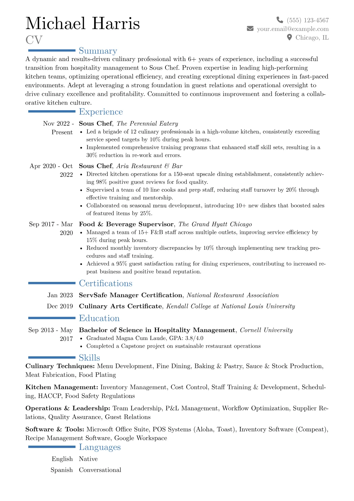 Sous Chef resume example, Career changer, page 1