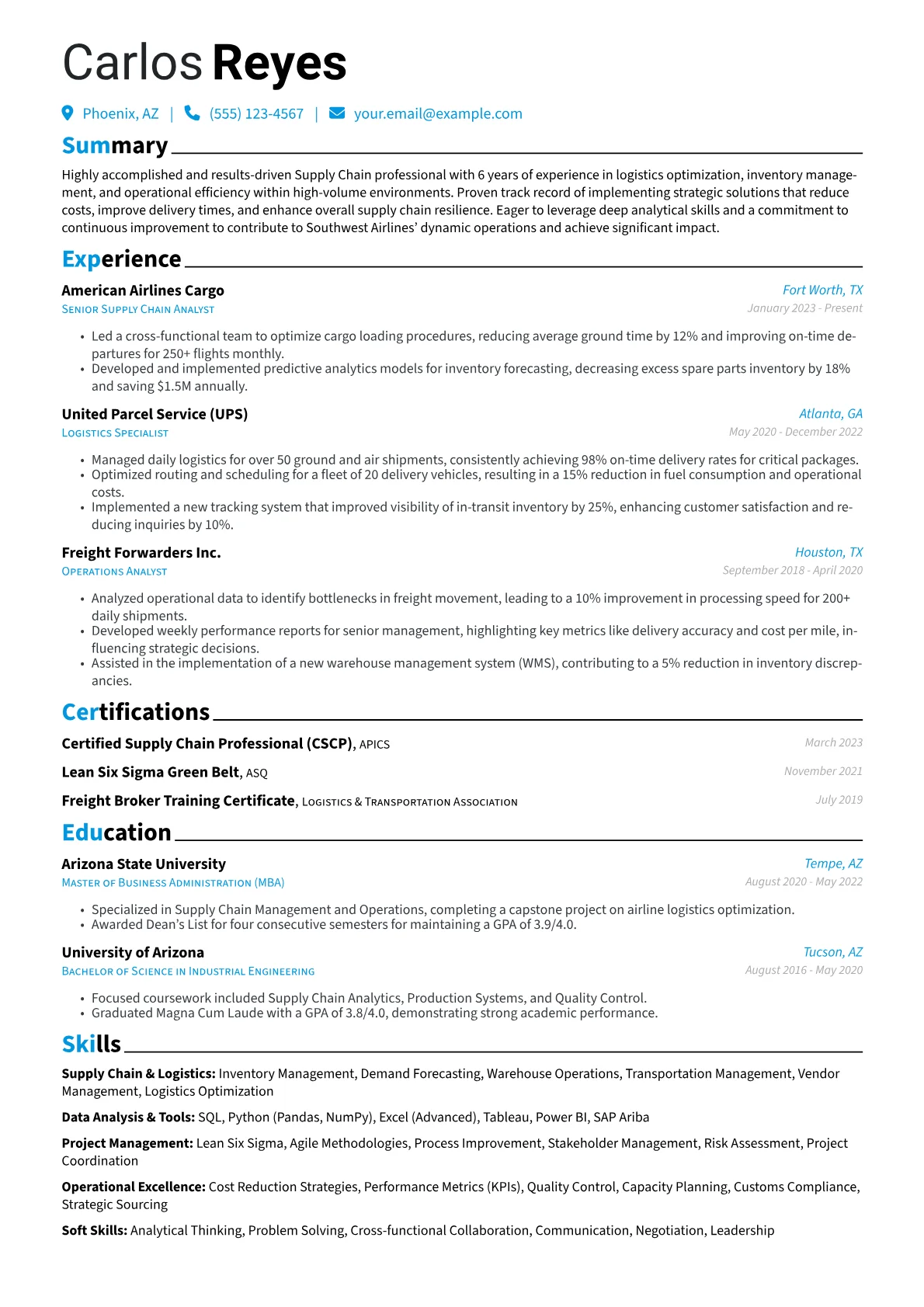 Southwest Airlines resume example, Southwest Airlines Supply, page 1