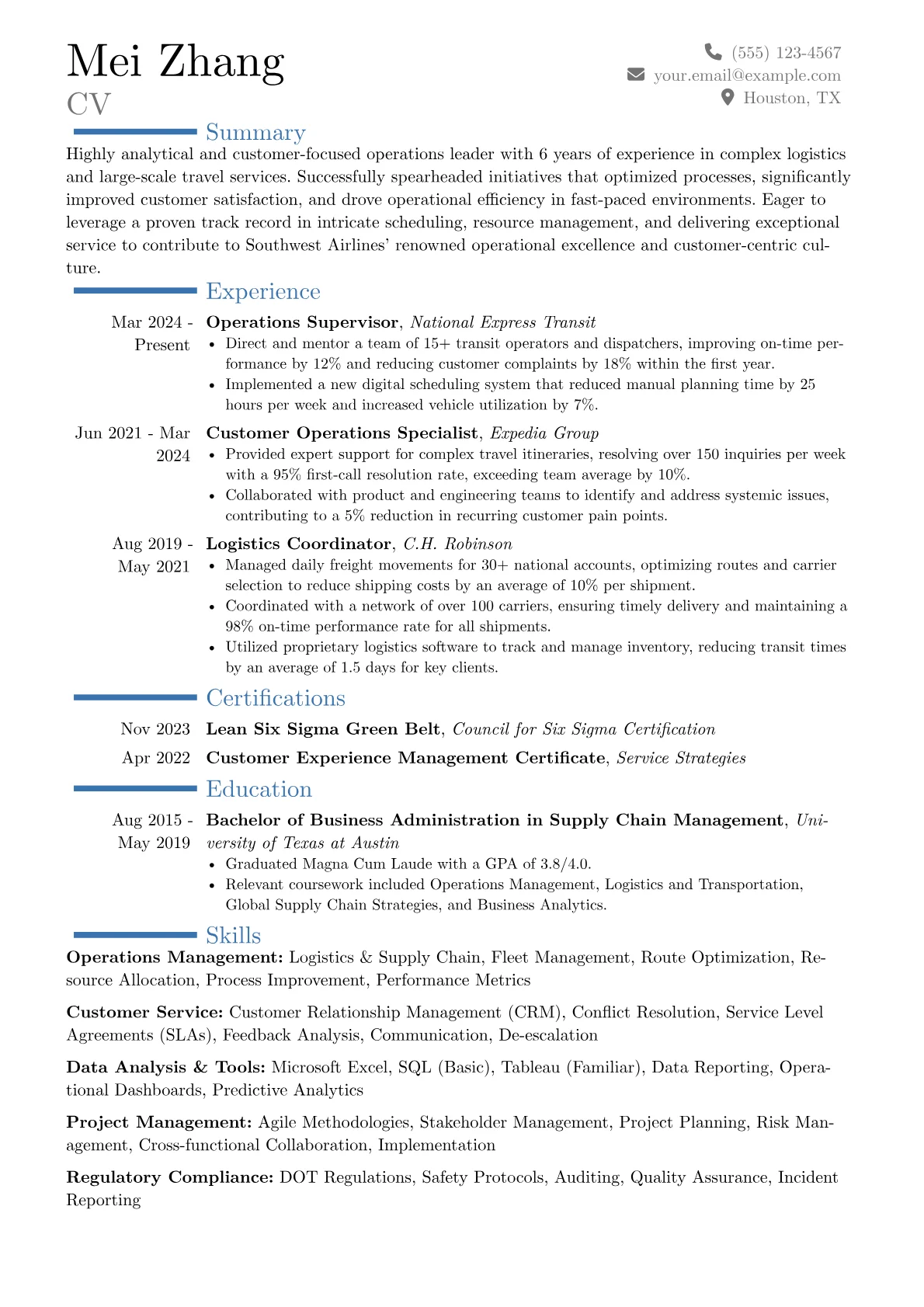 Southwest Airlines resume example, Career changer, page 1