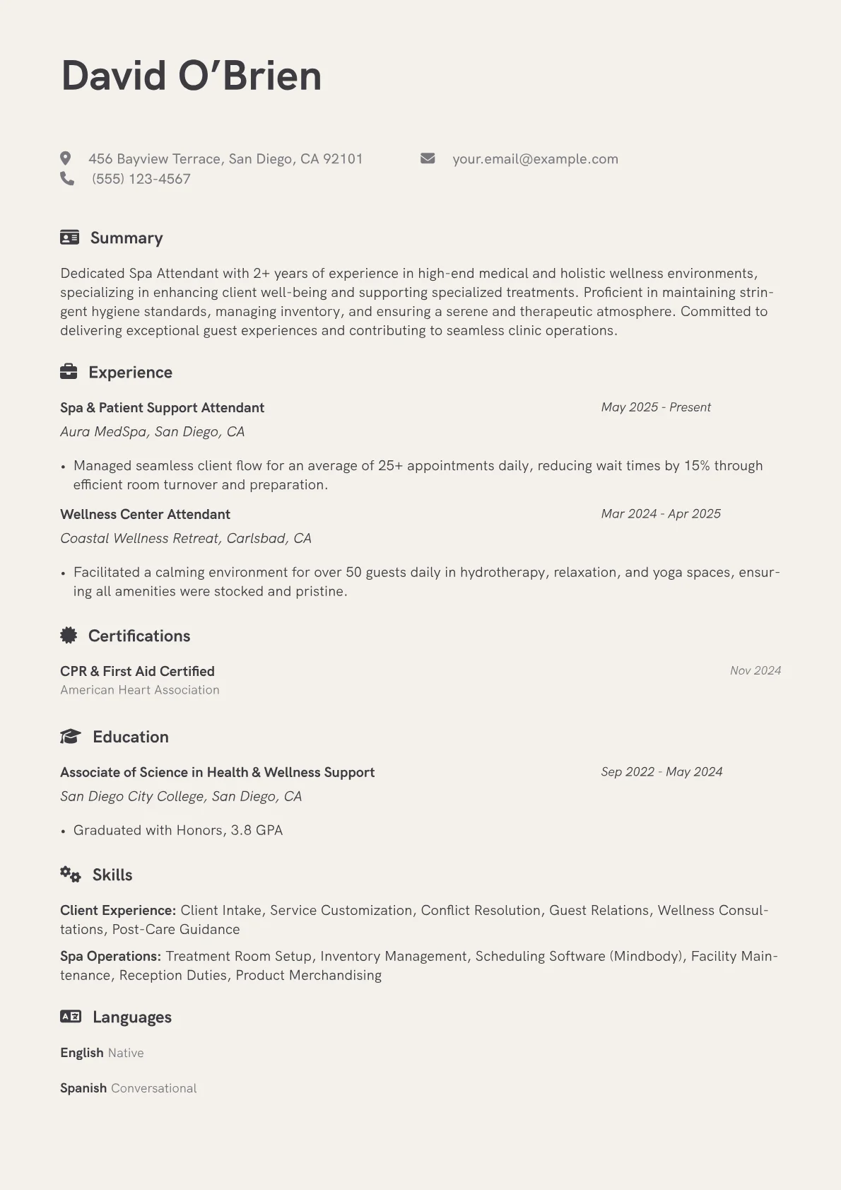 Spa Attendant resume example, Spa Attendant, page 1