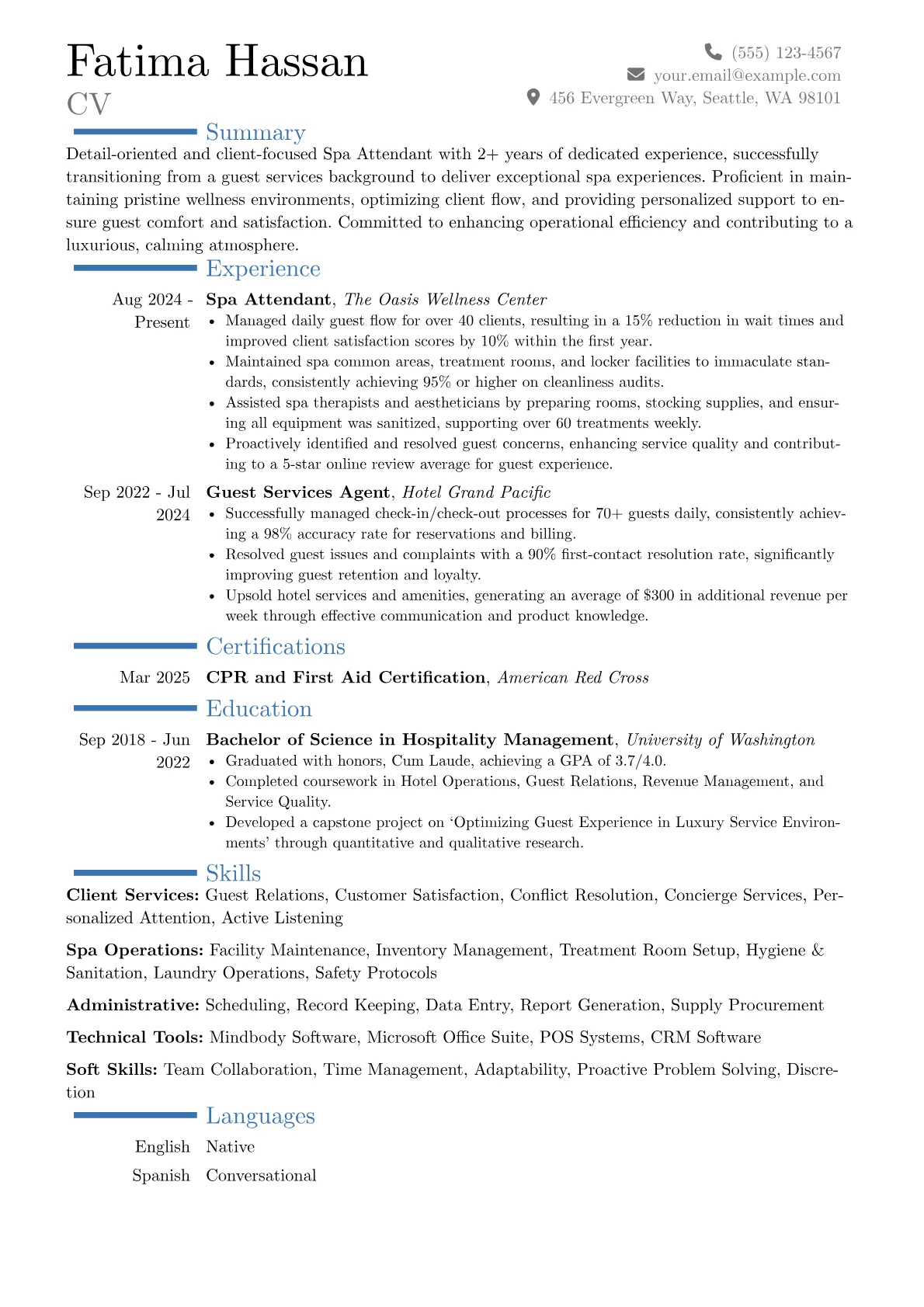 Spa Attendant resume example, Career changer, page 1
