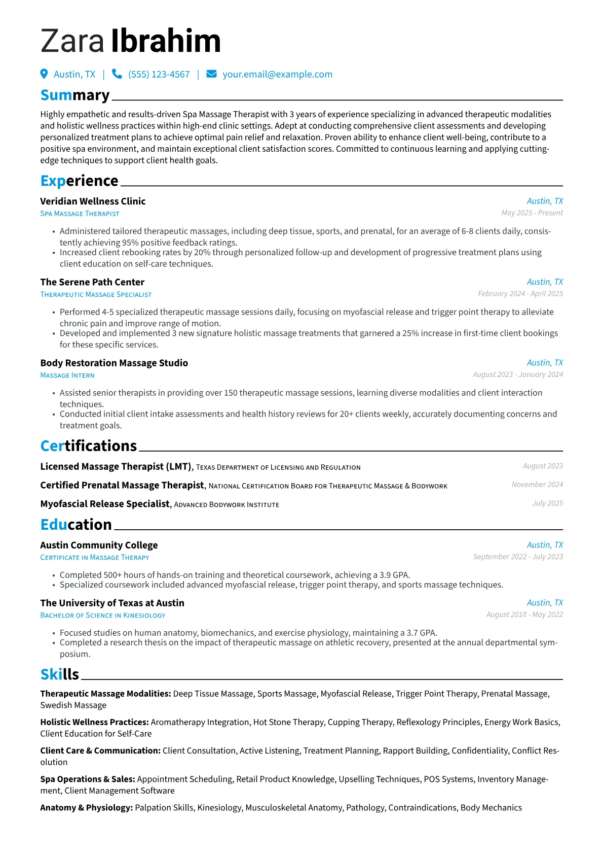 Spa Massage Therapist resume example, Spa Massage Therapist, page 1