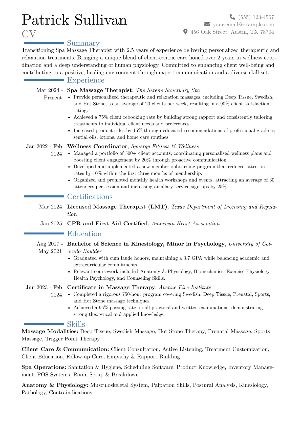 Spa Massage Therapist resume example, Career changer, page 1