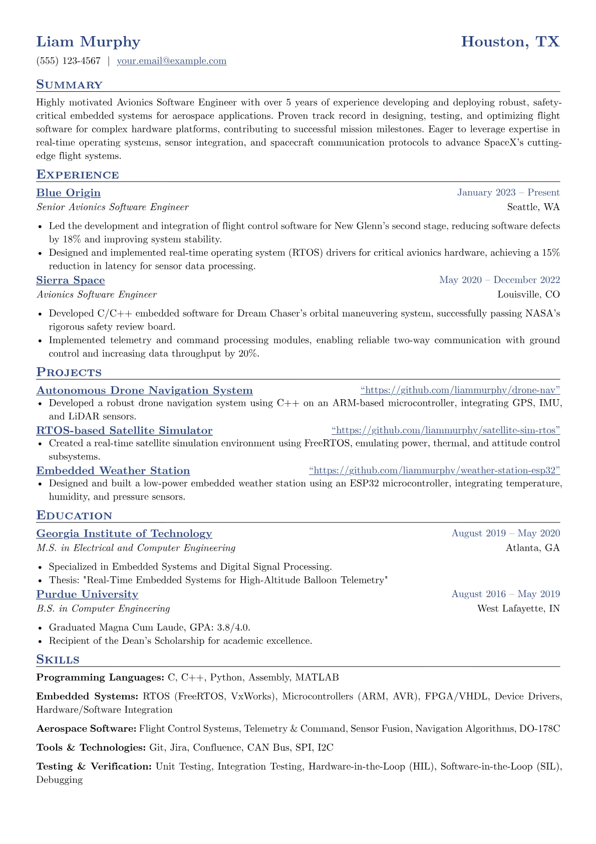 SpaceX resume example, Avionics Software Engineer, page 1