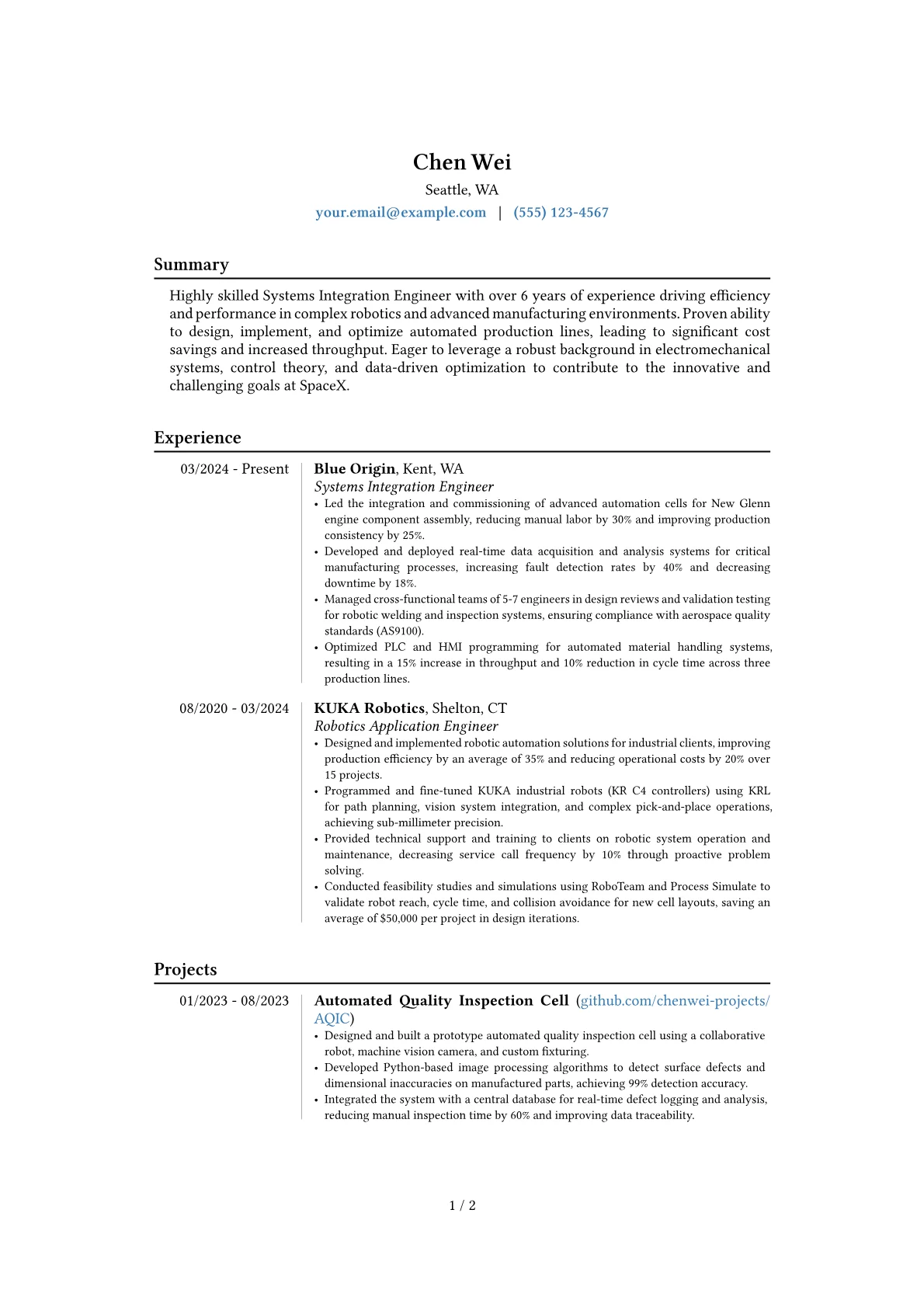 SpaceX resume example, Career changer, page 1