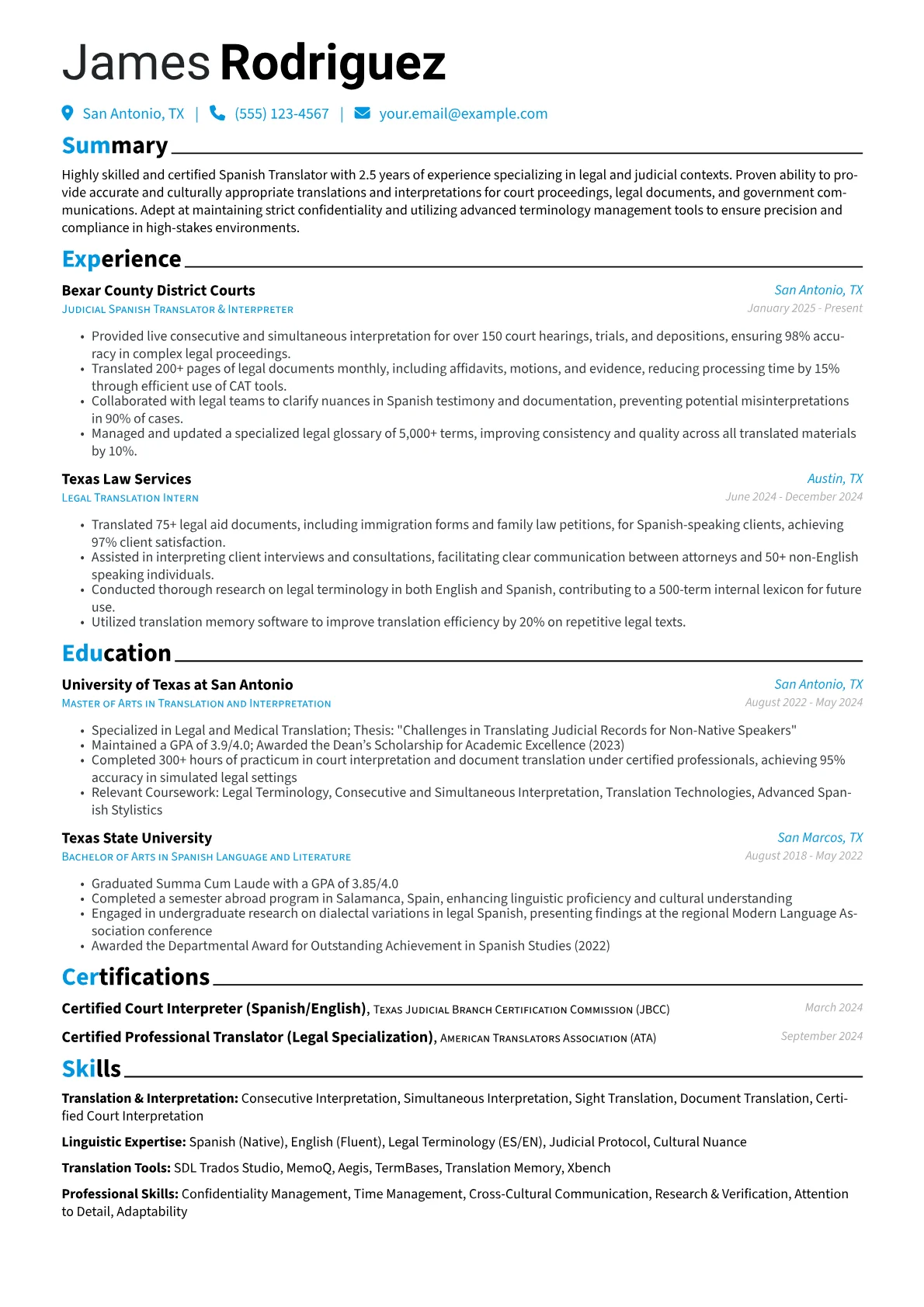 Spanish Translator resume example, Legal & Judicial, page 1