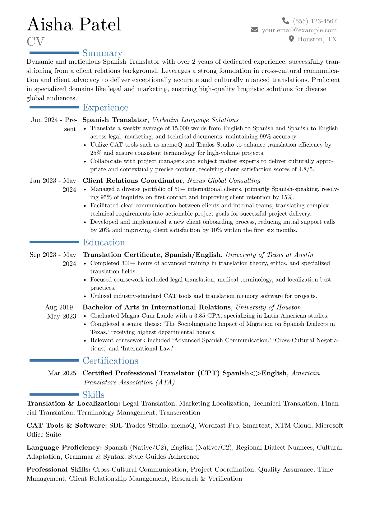 Spanish Translator resume example, Career changer, page 1