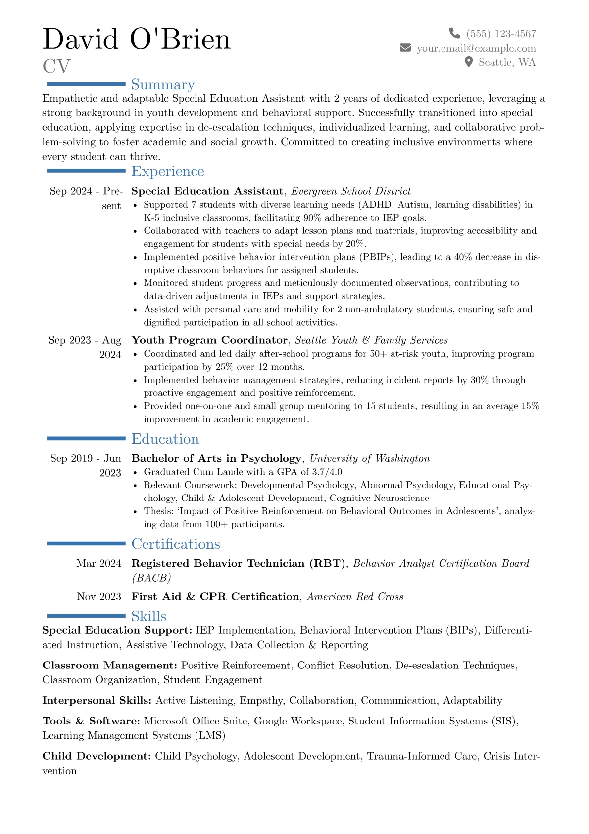 Special Education Assistant resume example, Career changer, page 1
