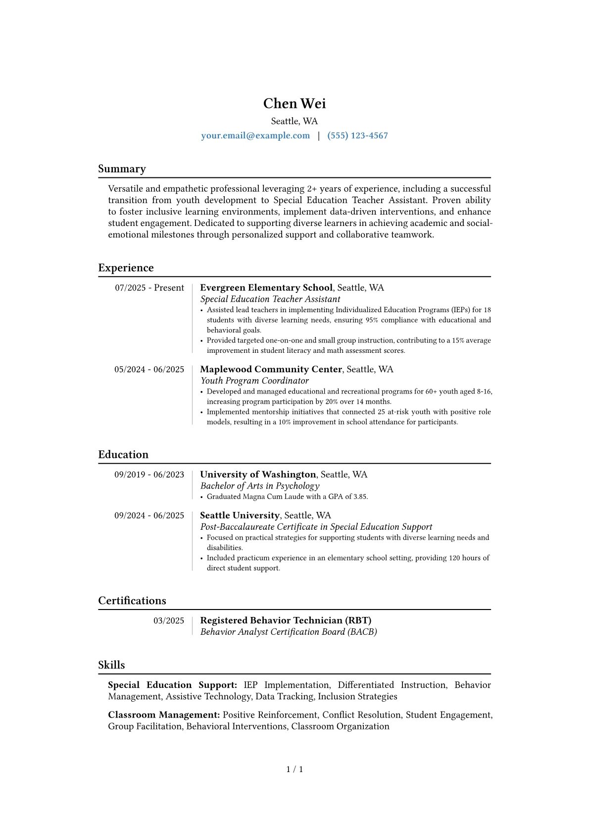 Special Education Teacher Assistant resume example, Career changer, page 1