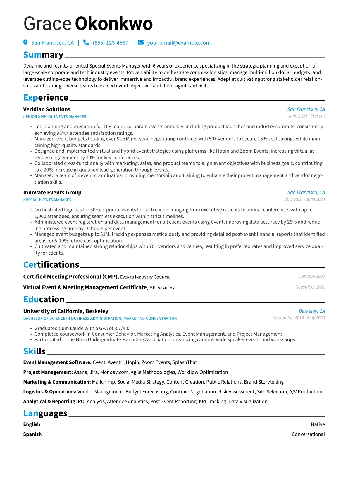 Special Events Manager resume example, Event Management Software, page 1