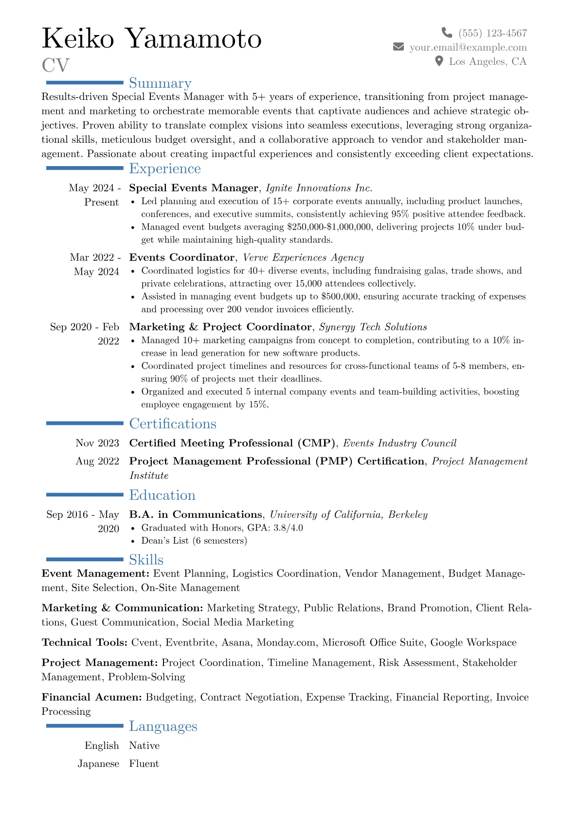 Special Events Manager resume example, Career changer, page 1