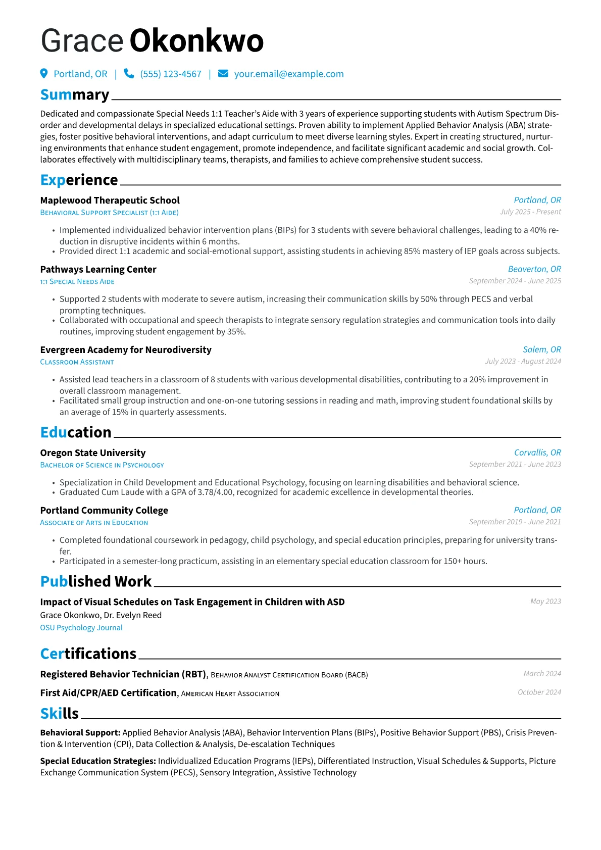Special Needs 1:1 Teacher's Aide resume example, Special Needs Aide Autism, page 1