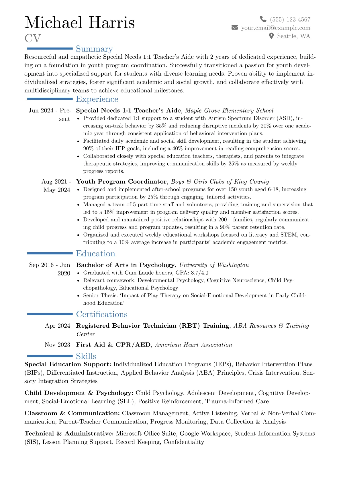 Special Needs 1:1 Teacher's Aide resume example, Career changer, page 1