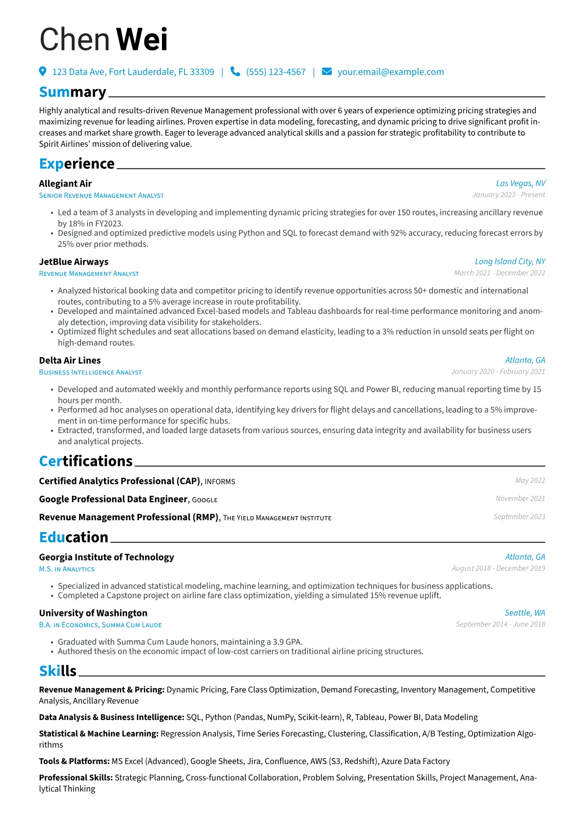 Spirit Airlines resume example, Revenue Management, page 1