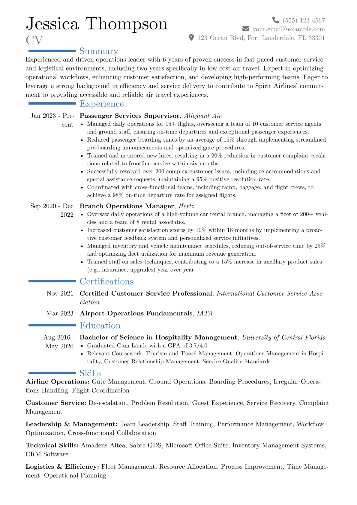 Spirit Airlines resume example, Career changer, page 1