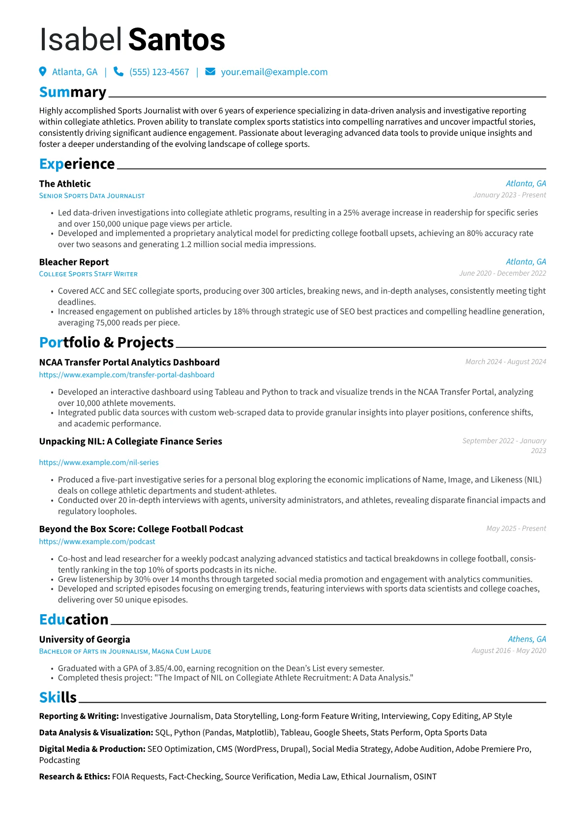 Sports Journalist resume example, Reporting & Writing, page 1