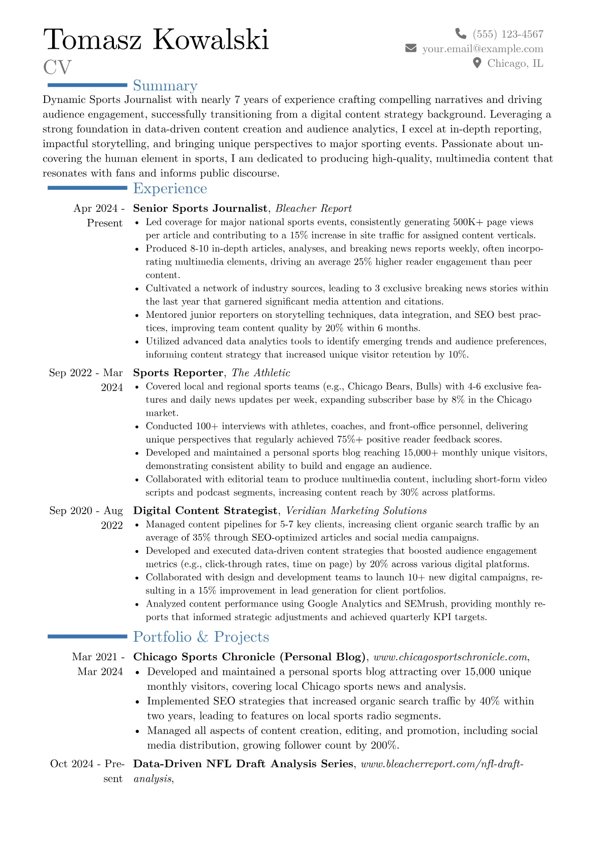 Sports Journalist resume example, Career changer, page 1