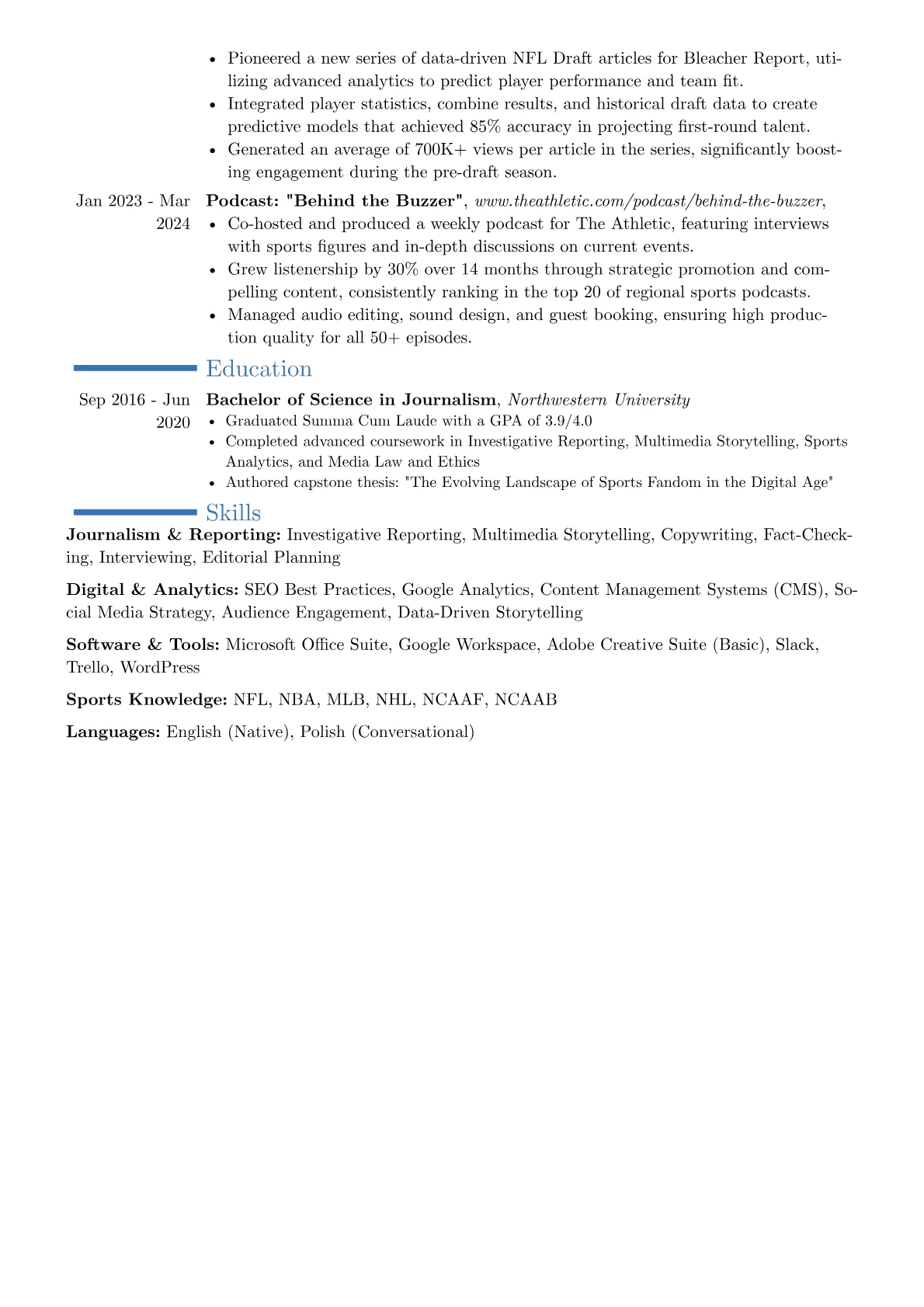 Sports Journalist resume example, Career changer, page 2
