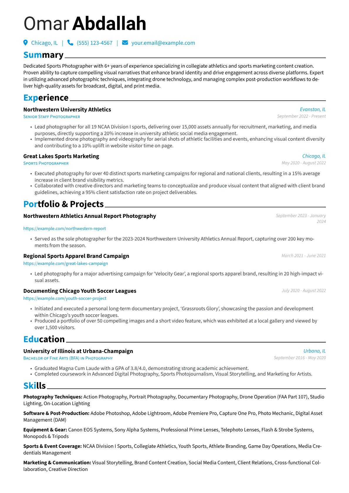 Sports Photographer resume example, Collegiate Sports, page 1