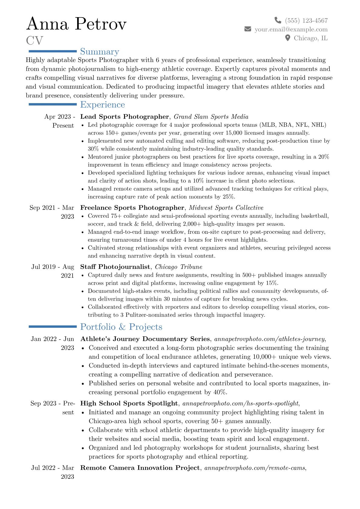 Sports Photographer resume example, Career changer, page 1