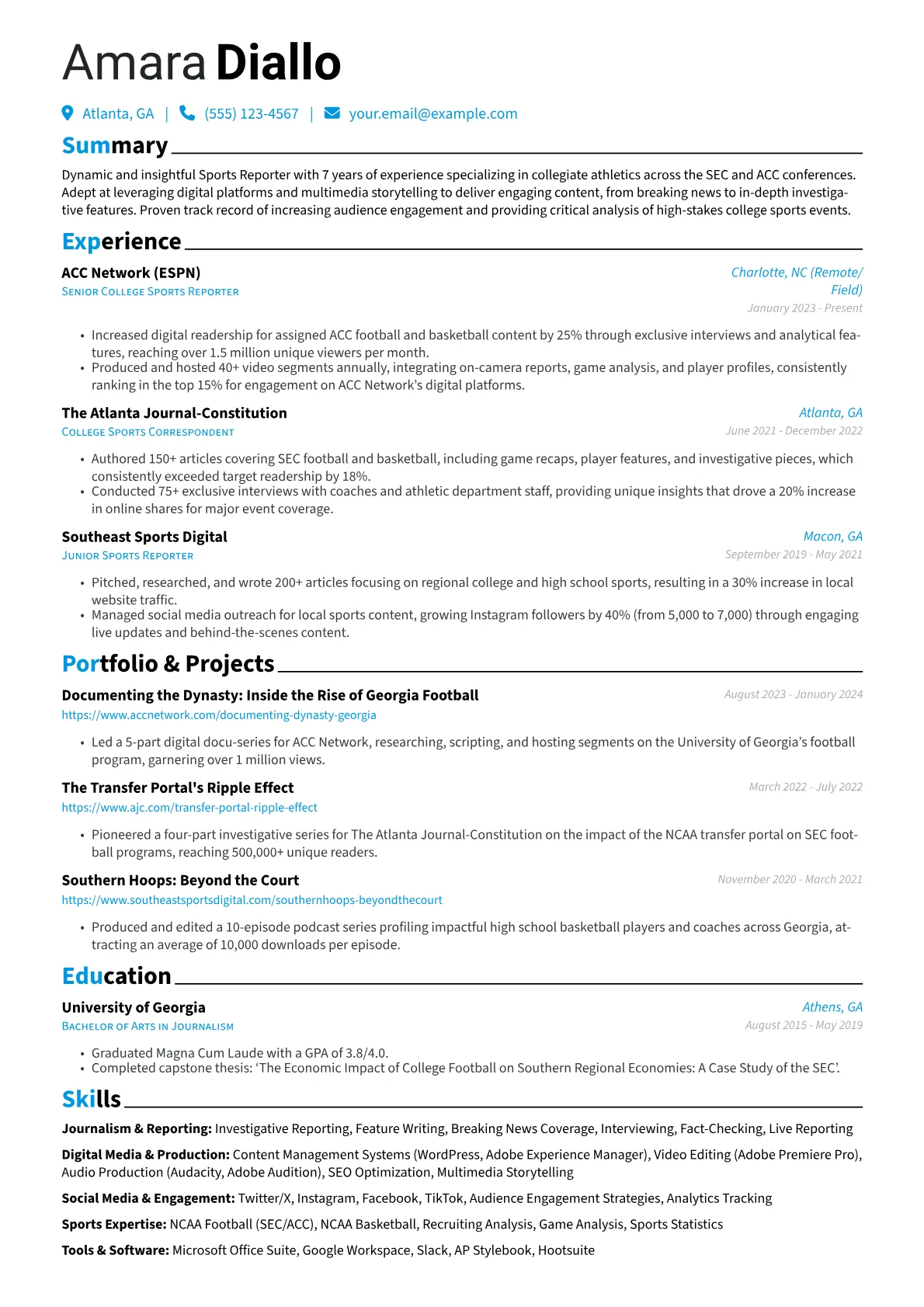 Sports Reporter resume example, Journalism & Reporting, page 1