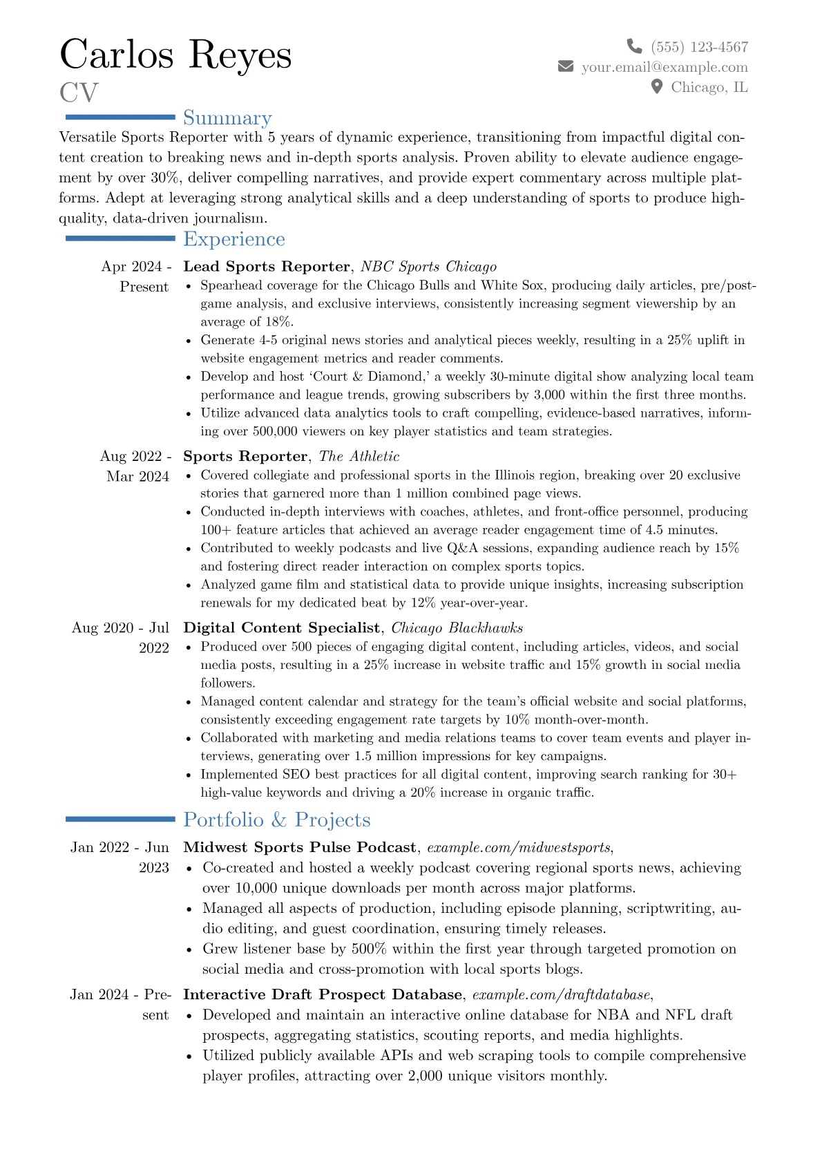 Sports Reporter resume example, Career changer, page 1