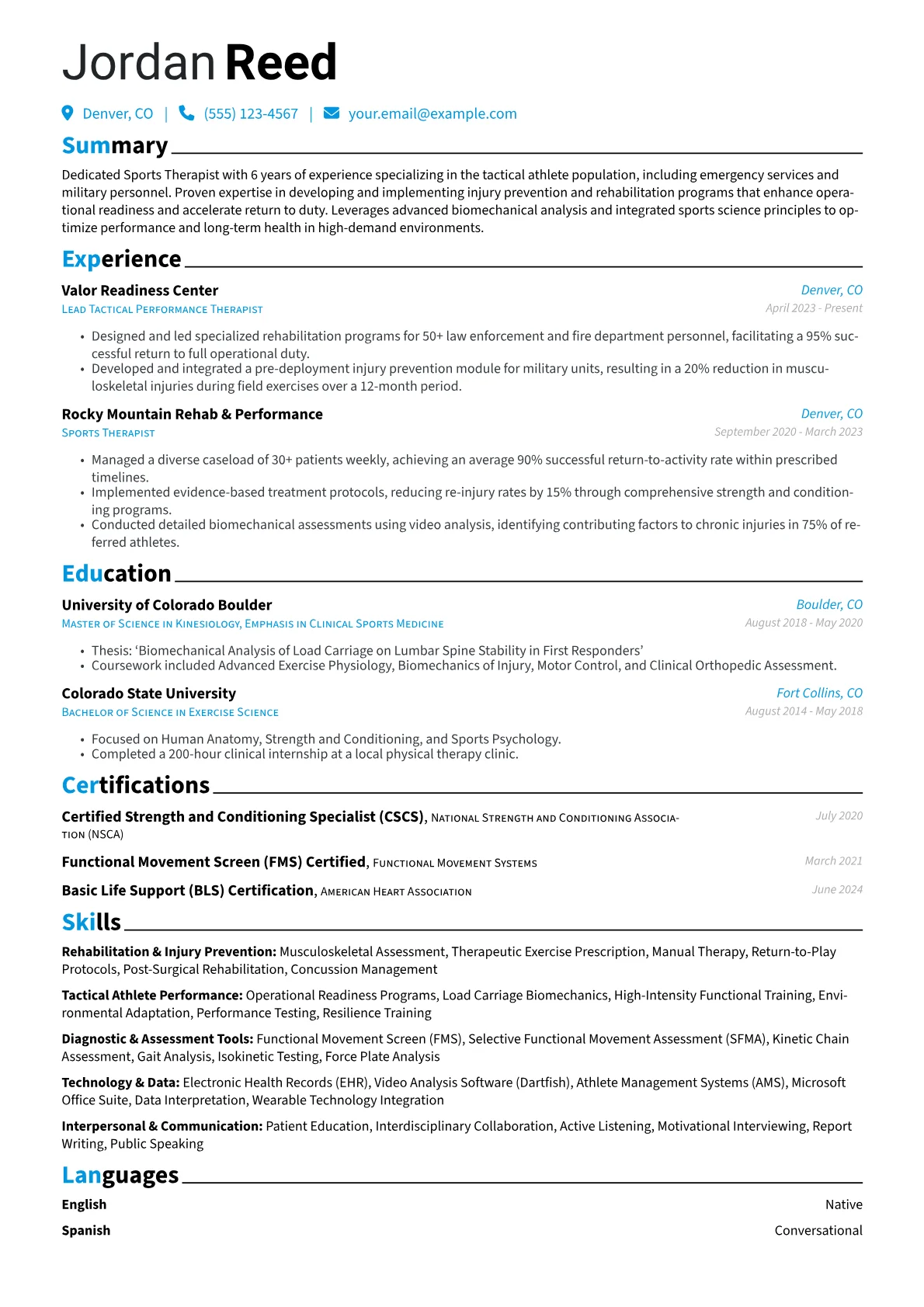 Sports Therapist resume example, Rehabilitation & Injury, page 1