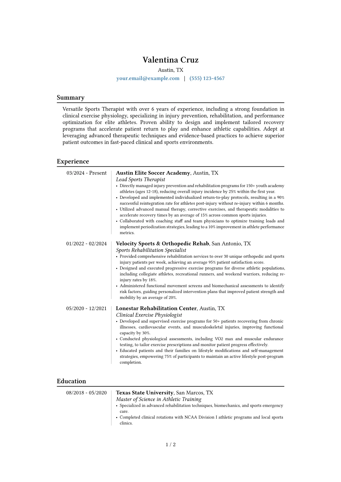 Sports Therapist resume example, Career changer, page 1
