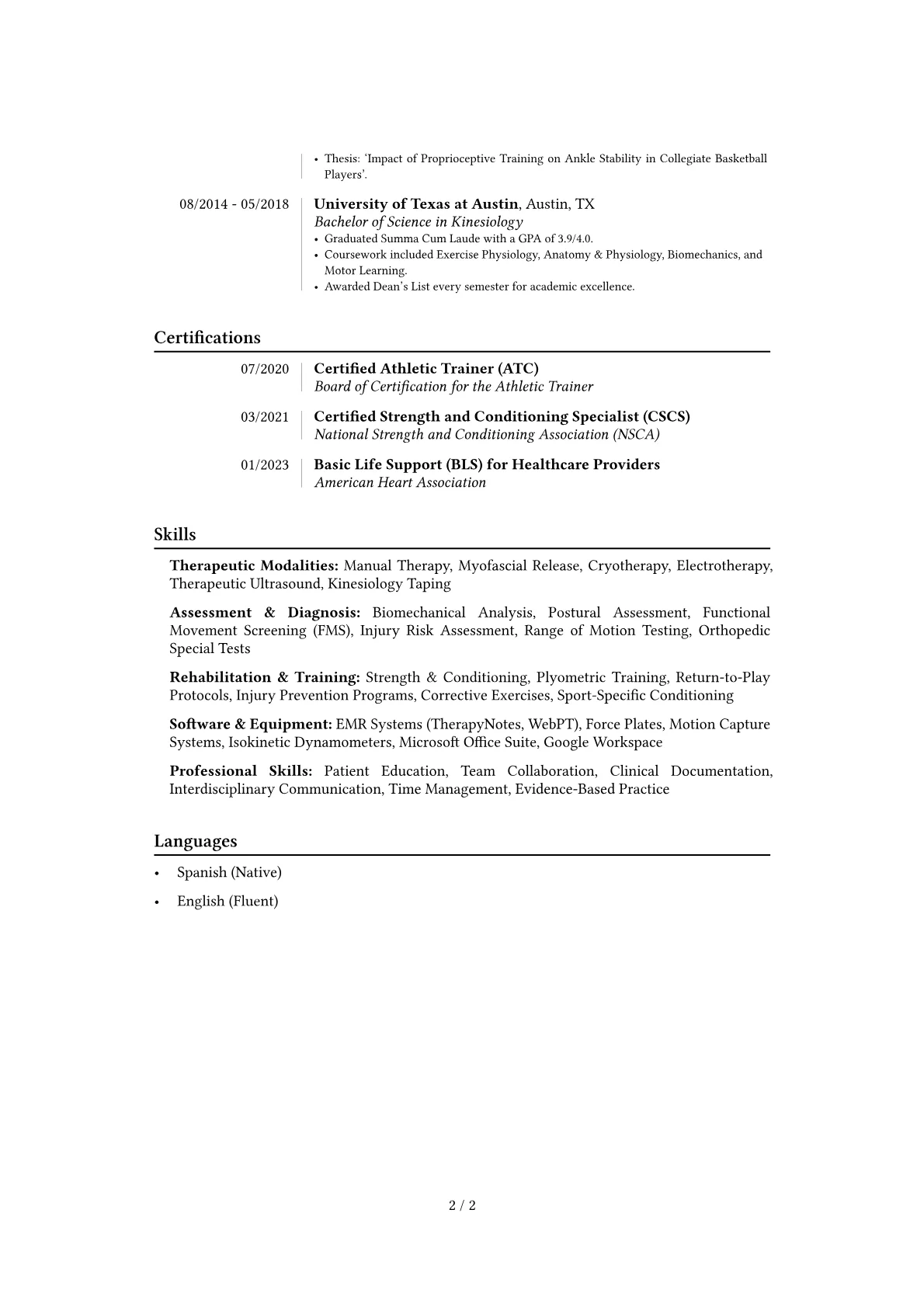 Sports Therapist resume example, Career changer, page 2