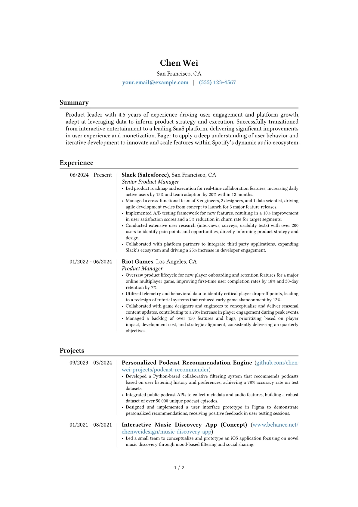 Spotify resume example, Career changer, page 1