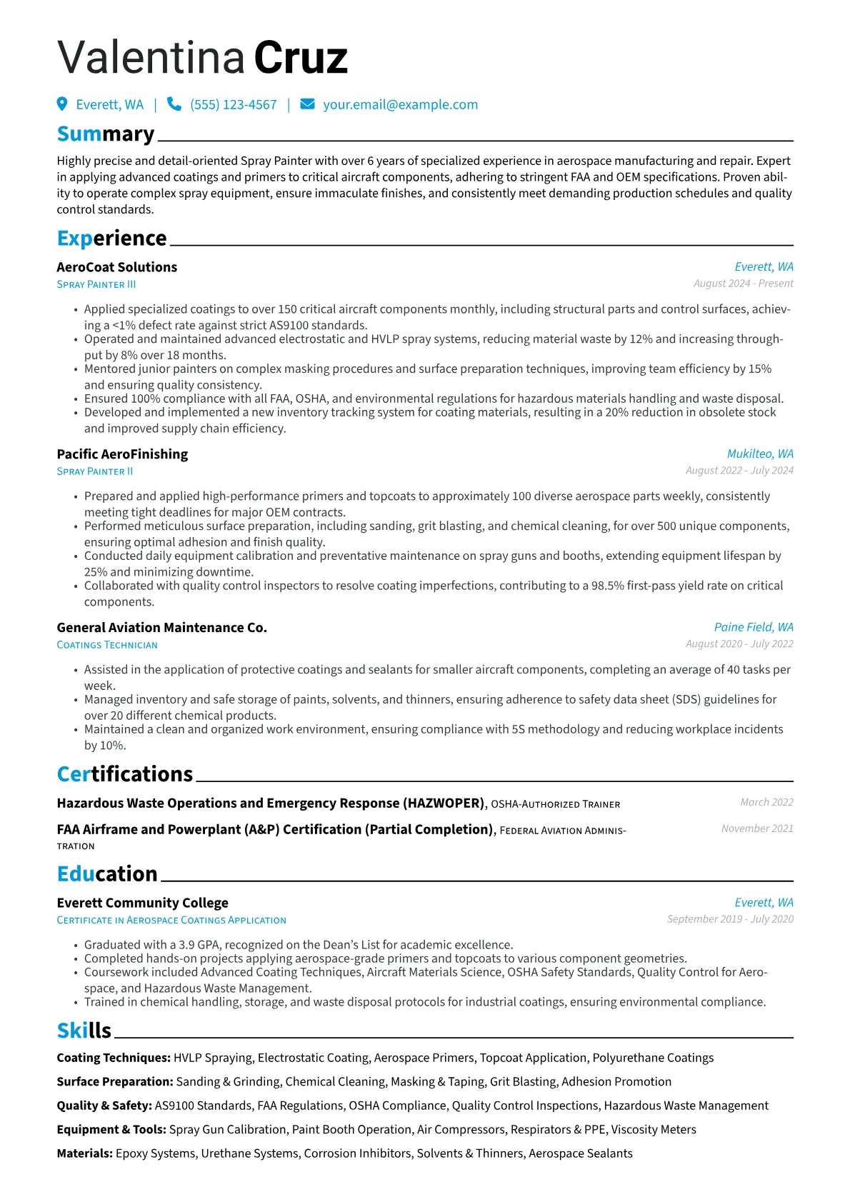 Spray Painter resume example, Aerospace Coatings, page 1