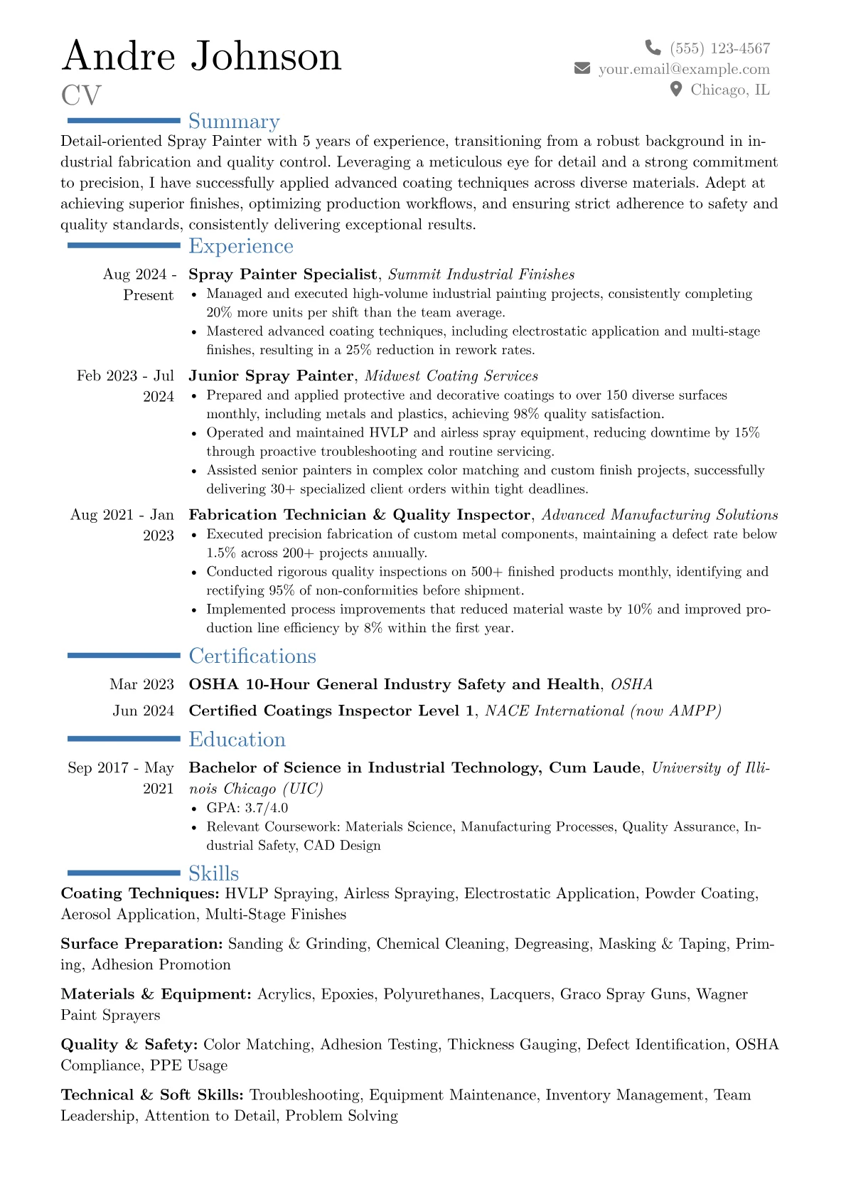 Spray Painter resume example, Career changer, page 1