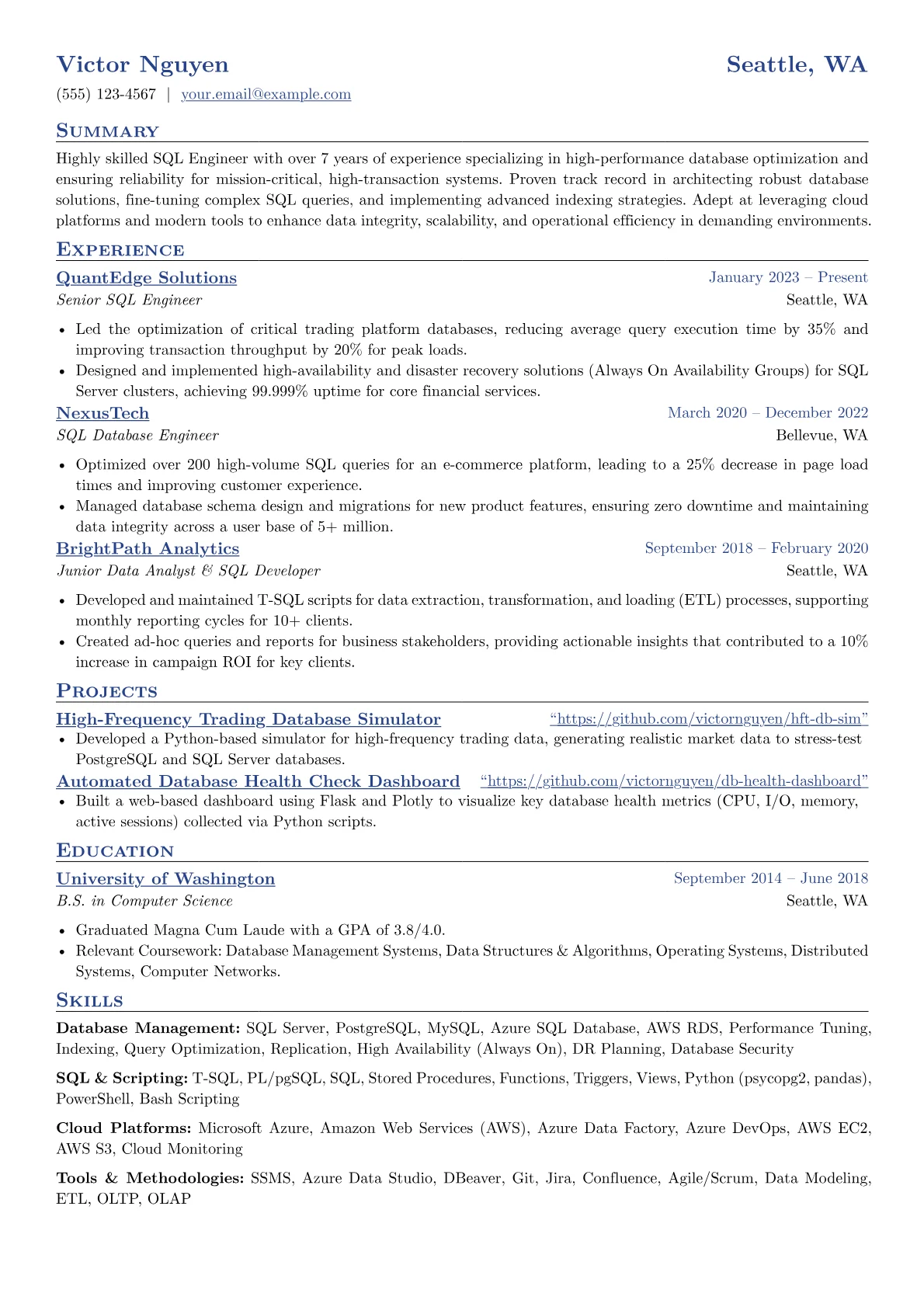 SQL Engineer resume example, SQL Engineer, page 1