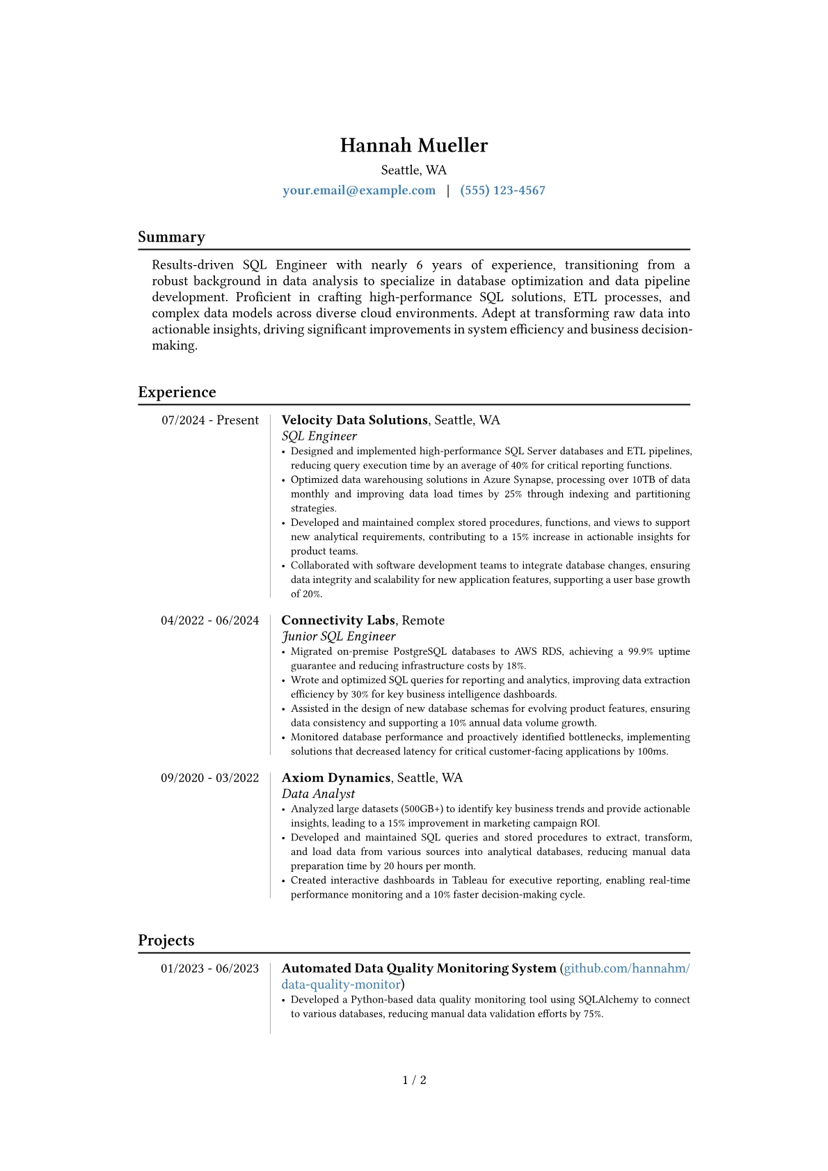 SQL Engineer resume example, Career changer, page 1
