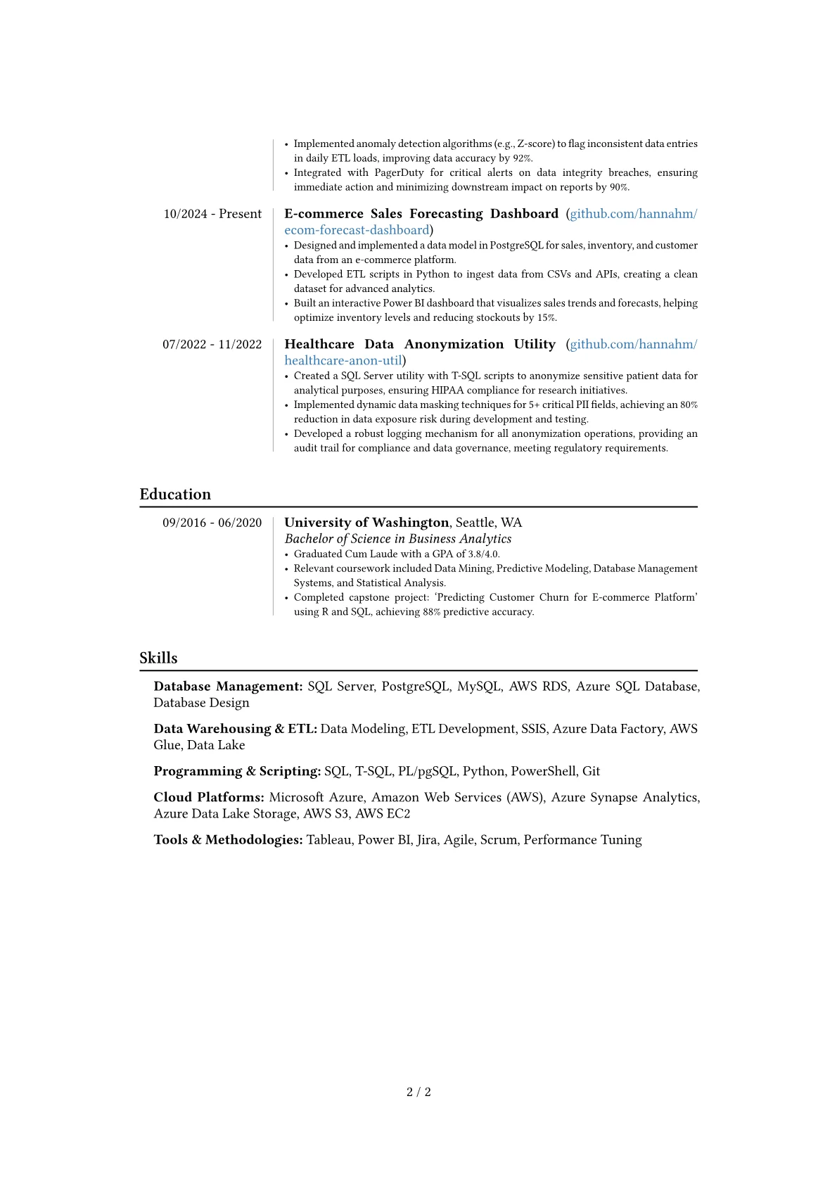 SQL Engineer resume example, Career changer, page 2