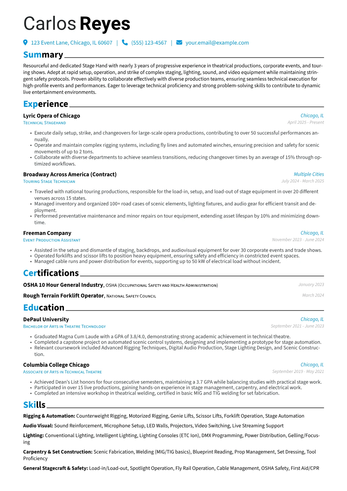 Stage Hand resume example, Stage Hand, page 1