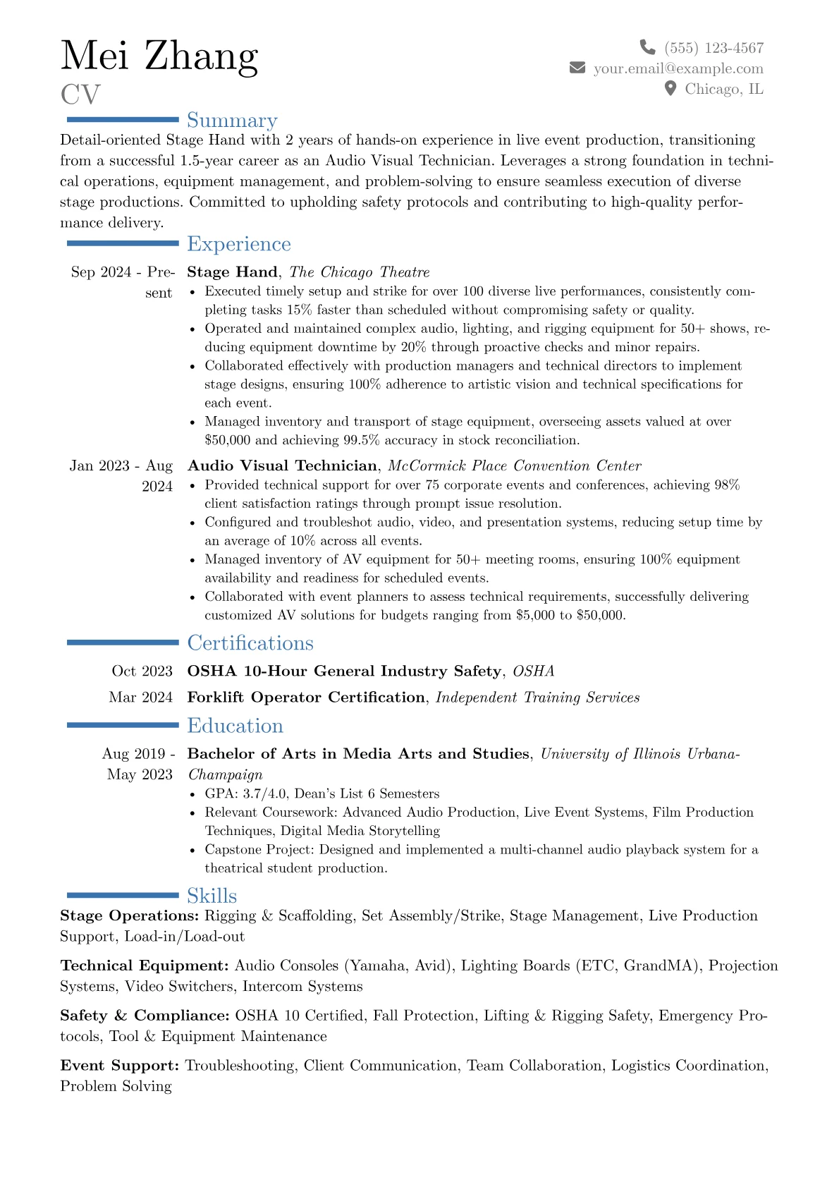 Stage Hand resume example, Career changer, page 1