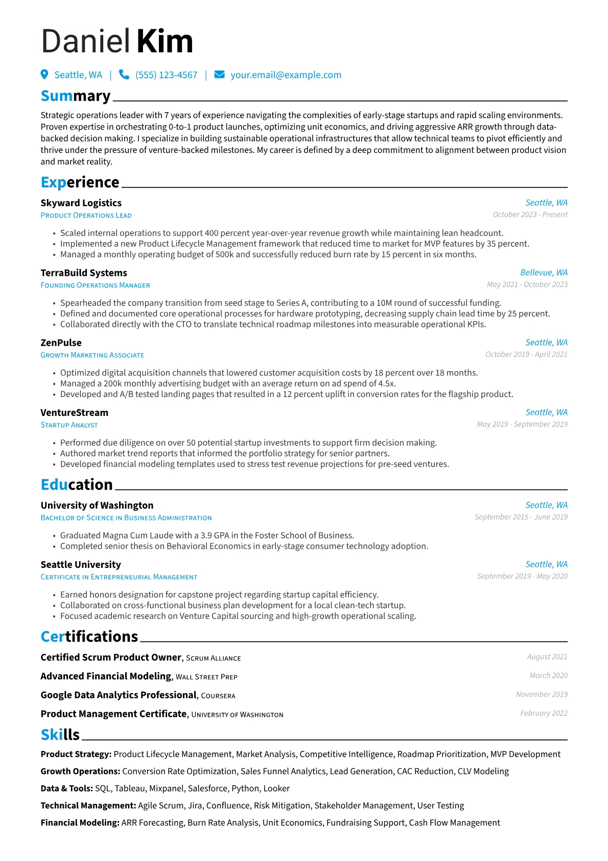 Startup resume example, Startup Ops & Growth, page 1